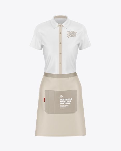 Visualize your design ideas easily with this mockup waitress uniform. Fairly simple to apply your design to different parts separately. Special layers and smart objects are included for your amazing artwork. This mockup is available for the purchase on Yellow Images only. Sample design is not included in the download file. Teater Outfits, Cat Cafe Uniform, Cafe Waitress Outfit, Cafe Uniform Design, Waitress Outfit Restaurants, Waiters Uniform Ideas, Cafe Uniform Aesthetic, Waitress Uniform Restaurant, Waiters Uniform Ideas Restaurants