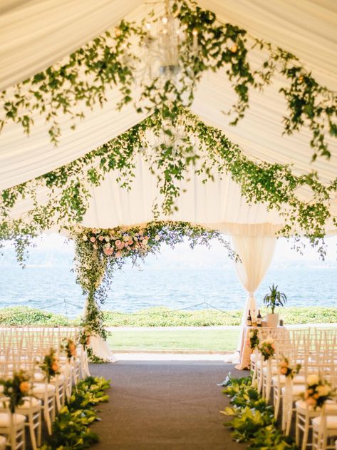 Wedding ceremony at the Woodmark Hotel Seattle | Flora Nova Design Wedding Tent Decorations, Outdoor Tent Wedding, Tent Wedding Reception, Decoration Evenementielle, Lake Washington, Spring Wedding Decorations, Wedding Hotel, Tent Decorations, Wedding Tent