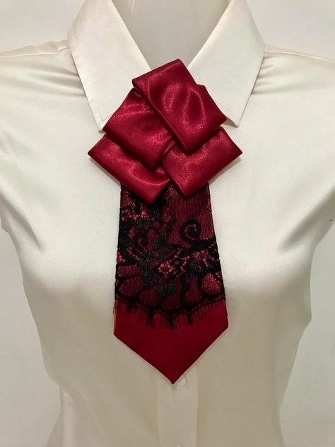 NEW! Tie women's. Italy. Collar, necktie. Hand-made.  Material: polyester and lace. The tie is ready to wear, the knot is tied and sewn on.  There is no need to tie anything. It is put on and fastened with a button (clasp). The product is unique because it is always hand-made, and then never find the same tie in all over the world. Tassels Diy Tutorials, Diy Necktie, Diy Necktie Projects, Cool Tie Knots, Upcycled Neckties, Women In Tie, Necktie Crafts, Tie Ideas, Women Necktie