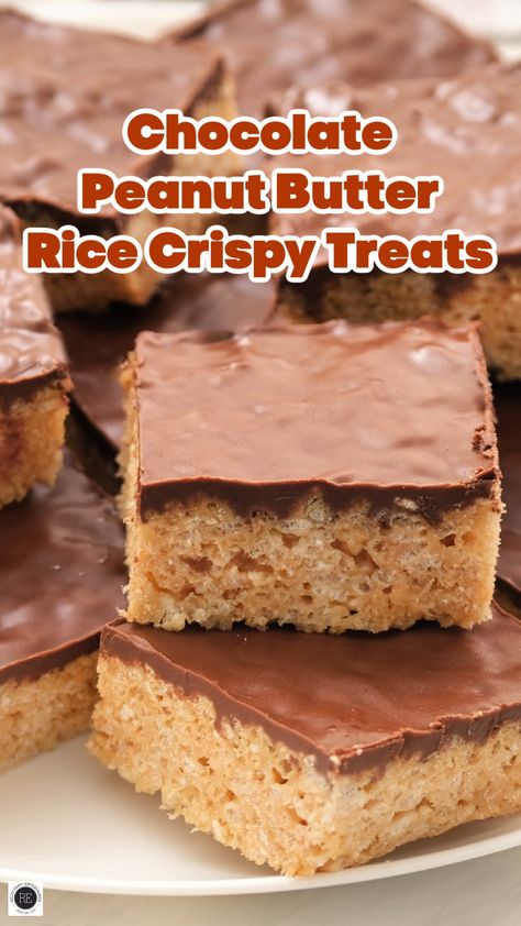 Peanut Butter And Chocolate Rice Crispy Treats, Chocolate Peanut Butter Rice Crispy, Rice Crispy Treats Peanut Butter Chocolate, Rice Crispy Bars With Chocolate, Chocolate Peanut Butter Rice Crispy Treats, Back To School Rice Crispy Treats, Peanut Butter Rice Crispy Treats Recipe, Rice Crispy Desserts, Peanut Butter Chocolate Rice Crispy Bars