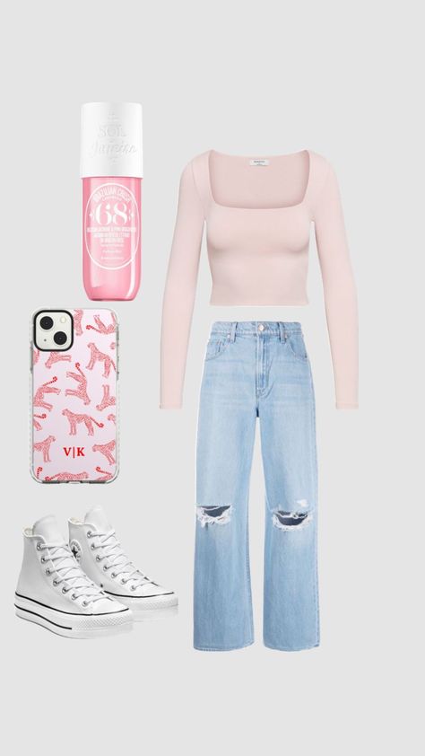 #pink #converse Pink Converse Outfit, Pink Converse, Platform Converse, Dream Outfits, Spring Fits, Outfits With Converse, White Converse, Cute Outfits For School, Wide Jeans