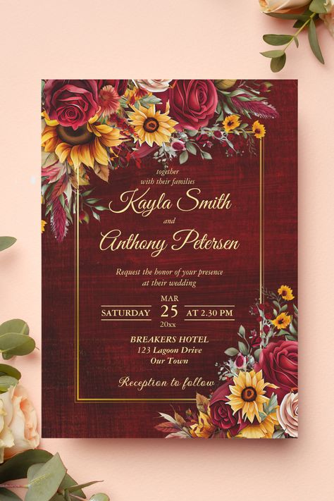 Fall wedding burgundy roses yellow sunflowers invitation template instant download Fall Wedding Sunflowers And Roses, Red And Yellow Wedding Invitations, Sunflower And Roses Wedding Invitations, Wine Red And Sunflower Wedding, Fall Wedding Sunflowers Burgundy, Burgandy Sunflowers Wedding, Red Yellow Black Wedding Theme, Maroon Sunflower Wedding, Fall Wedding Invitation Ideas