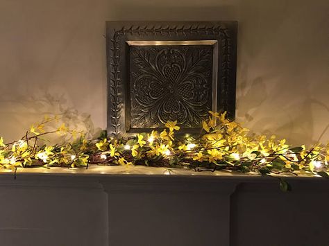 Forsythia Mantle Garland Spring Garland Spring Mantle Decor Year Round Garland, Spring Fireplace, Round Garland, Garland For Mantle, Spring Mantle Decor, Spring Garland, Spring Mantle, Mantle Ideas, Mantle Garland