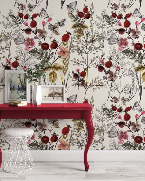 Floral Wallpaper Red, Wallpaper Entry, Floral Entryway, Red Floral Wallpaper, Apartments Ideas, Gold Abstract Wallpaper, Bedroom Concept, Matt Wallpaper, Flowers Luxury