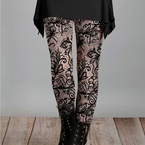 These Floral Print Skinny Leggings Are Black And Nude. They Are A Size Extra-Large 12. They Are Brand New, Never Worn, Never Washed. Straight From The Package. Retro Leggings, Mode Des Leggings, Paisley Leggings, Womens Printed Leggings, Leggings Mode, Legging Plus Size, Womens Chinos, Legging Outfits, Patterned Leggings