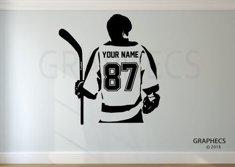 "Personalized Hockey Wall Decal - Choose your own NAME & NUMBERS! Leave us a note on the order or send us a message with the name & numbers! Choose your size: - Extra Small: 16\" width by 18\" height. - Small: 22\" width by 24\" height. - Medium: 27\" width by 30\" height. - Large: 35\" width by 38\" height. - Extra Large: 46\" width by 50\" height.  Also available in many sizes and colors, easy application instructions included. Choose from various colors selected from the drop down menu. Looki Hockey Decals, Basketball Decal, Basketball Wall Decals, Sports Room Decor, Initial Bar Necklace, Wooden Toy Boxes, Bedroom Organization Storage, Basketball Wall, Vinyl Personalized