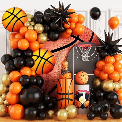 PRICES MAY VARY. Black Orange Basketball Balloons Arch Kit: 108Pcs Basketball Theme Garland Kit, contains Basketball Foil Balloon(2pcs), Black Explosion Star(2pcs), Black Latex Balloon(1pc 18inch + 25pcs 10inch + 15pcs 5inch), Orange Latex Balloon(25pcs 10inch + 15pcs 5inch), Metallic Gold Latex Balloon(8pcs 10inch + 15pcs 5inch), 1pc balloon chain and 1pc glue point. Premium Material: Crafted from high-quality latex, these balloons are thick, elastic, safe, odorless, environmentally friendly, a Basketball Party Decorations, Gold Balloon Arch, Basketball Theme Birthday, Basketball Decorations, Floating Balloons, Balloon Arch Kit, Disco Theme, Basketball Theme, Basketball Party