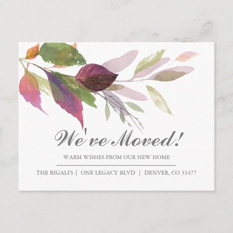 Moving Announcement Postcard, Address Change, New House Announcement, Moving Announcement, Moving Announcements, New Address, Change Of Address, Watercolor Leaves, Announcement Cards