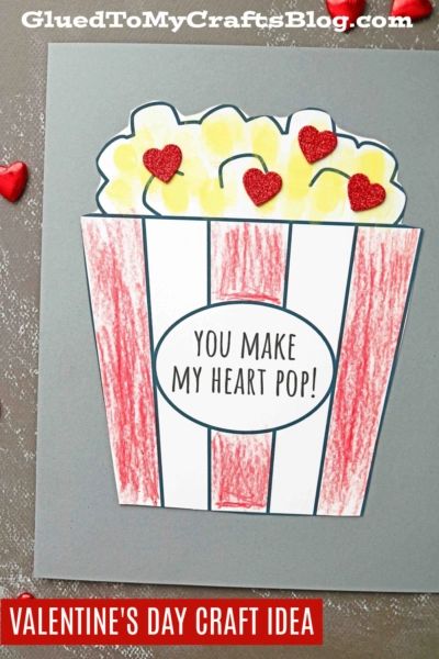 Thumbprint Popcorn Card Idea For Valentine's Day - Glued To My Crafts Valentines Day Prek Crafts, Valentines Day Crafts For Preschoolers Daycares, Valentine Kids Crafts For Preschool, Pre K Valentines Day Gifts For Parents, Valentine Day Crafts For Kids At School, Easy Valentines Day Cards For Kids, You Make My Heart Pop, Valentine Cards Handmade Simple Kids, Valentine Day Crafts For Preschoolers