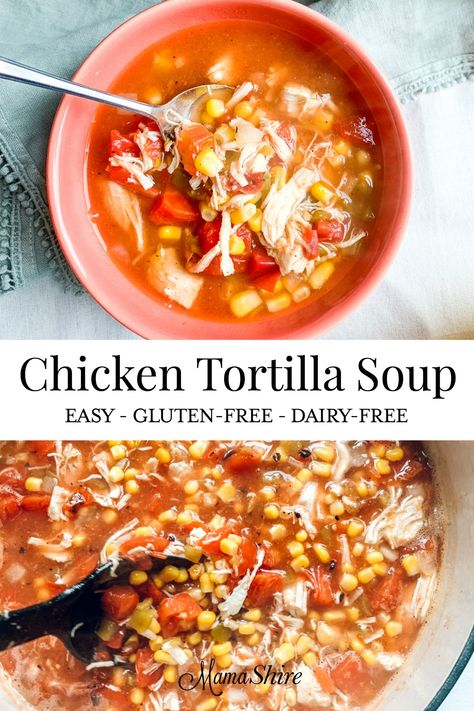 Easy to make Chicken Tortilla Soup that is so tasty and satisfying! Ready in 30 minutes or less! Weight Watchers 0 Smart Points, Trim Healthy Mama-E #glutenfree #soup #dairyfree #sugarfree #weightwatchers #chickenrecipes #trimhealthymama Gluten Free Dairy Free Chicken Tortilla Soup, Thm E Soup Recipes, Gluten Free Tortilla Soup, Gf Df Chicken Tortilla Soup, Dairy Free Tortilla Soup, Tortilla Soup Dairy Free, Dairy Free Chicken Tortilla Soup, Chicken Tortilla Soup Dairy Free, Gluten Free Chicken Tortilla Soup