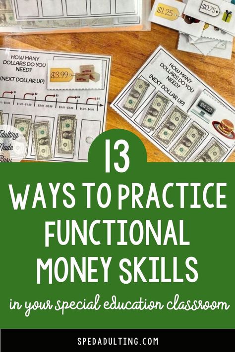 Are you looking for simple ways to teach money skills in your secondary special education classroom? Then this blog post is for you! Here you will find 13 ways to target money math skills including counting and identifying money, making change, budgeting, social skills that come with handling money and more. These activities are perfect for practicing functional math skills in your life skills classroom, or as a way to prepare for community based instruction. Learn more here. Functional Math Activities, Life Skill Centers, Functional Math Special Education, Functional Life Skills Special Education, Community Based Instruction, Reading Skills Activities, Classroom Money, Functions Math, Math Tips