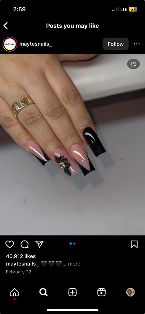 Black Medium Nail Designs, Black Nail Designs Medium Length, Medium Black Acrylic Nails, Black French Tip Nails With Design, Cute Black Nails, Grad Nails, Hoco Nails, Black French Tips, Back To School Nails