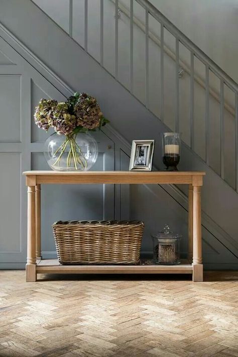 Stairs painted in charcoal Neptune Hallway, Hallway Inspiration, Console Table Hallway, Hal Decor, Hallway Designs, Stair Case, Entryway Console Table, Timber Furniture, Entertainment Center Decor