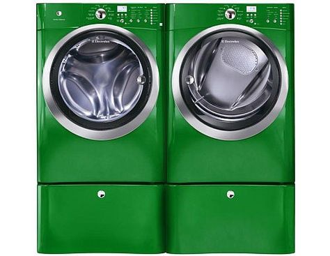 Rainbow Roundup: The New Palette of Colors for Washers & Dryers Green Appliances, Green Laundry, Washer Dryer Combo, Front Load Washer, Laundry Mud Room, Laundry Room Decor, Washer Dryer, Color Of The Year, Washer And Dryer