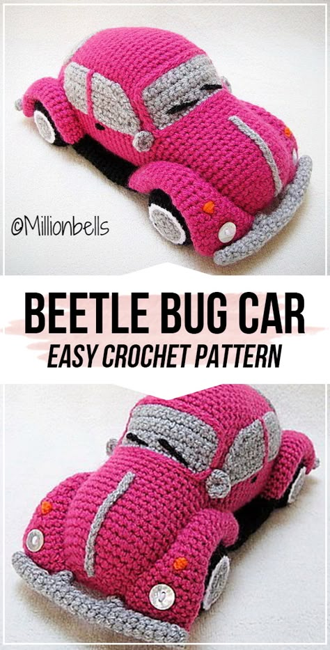 crochet Beetle Bug Classic Retro Car pattern - easy crochet car pattern for beginners Crochet Beetle, Beetle Bug Car, Crochet Hats For Boys, Crochet Cocoon, Bug Car, Car Pattern, Crochet Mask, Crochet Toys Free, Crochet Car