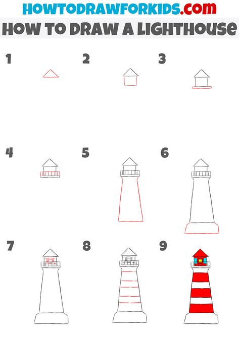 Step By Step Lighthouse Painting, Lighthouse Easy Drawing, Drawing A Lighthouse, Easy Lighthouse Painting For Beginners, Drawings Of Lighthouses, Simple Light House Drawing, Lighthouse Easy Painting, Watercolor Lighthouse Paintings Easy, How To Draw Lighthouse