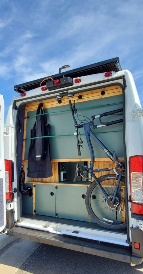 Van Conversion Bike Storage, Camper Van Garage Ideas, Camper Garage Ideas, Mtb Van Conversion, Van Conversion Bike, Promaster Van Conversion, Bike Storage In Van, Promaster Conversion, Rack Velo