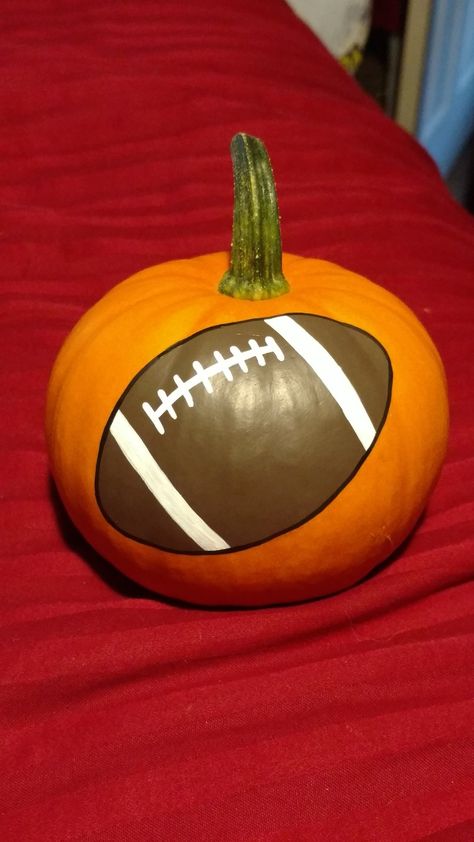 Football Pumpkins Painted, Soccer Ball Pumpkin, Soccer Pumpkin, Wednesday Addams Doll, Football Pumpkin, Pumpkin Paint, Pumpkin Painted, Red Bed, No Carve Pumpkin Decorating