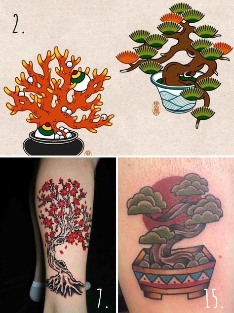 Traditional Japanese Tree Tattoo, American Traditional Bonsai Tattoo, Bonsai Tree Tattoo Traditional, Traditional Bonsai Tattoo, Traditional Japanese Art Tattoo, Bonsai Tattoo Minimalist, Japanese Bonsai Tree Tattoo, Bonsai Tattoo Design, Bonsai Tattoos