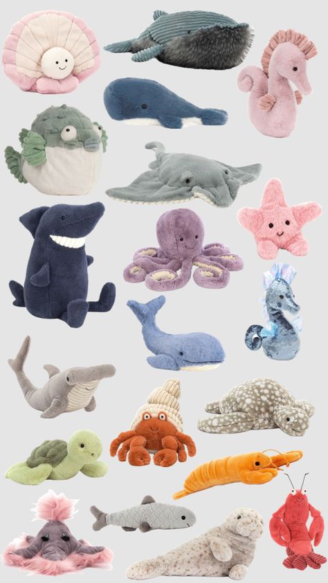 Ocean Jellycats #ocean #jellycat Jellycat Toys, Jellycat Stuffed Animals, Ocean Birthday, Mermaid Room, Cat Obsession, Ocean Nursery, Art Dolls Cloth, Baby Inspiration, Stuffed Animal Cat