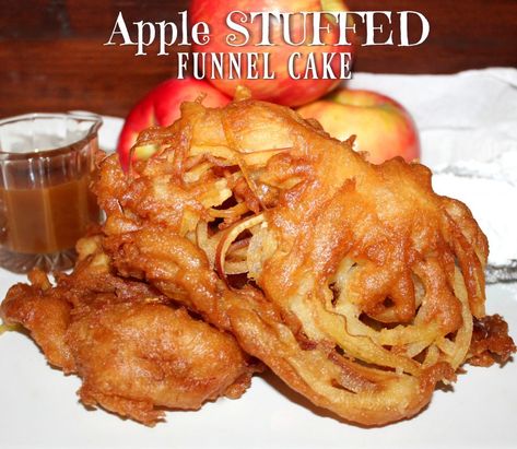 ~Apple STUFFED Funnel Cake! Apple Pie Fries, Pie Fries, Funnel Cake Recipe, Fall Fruit, Crazy Food, Carnival Food, Play On Words, Cake Sizes, Maple Bacon