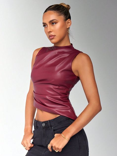 SHEIN BAE Women Summer PU Leather Pleated Asymmetric Hem Fashion Cami TopI discovered amazing products on SHEIN.com, come check them out! Leather Top Outfit, Red Leather Top, Fringe Mini Dress, Faux Leather Top, Dark Autumn, Maroon Leather, Tank Top Cami, Kids Beachwear, Cami Top