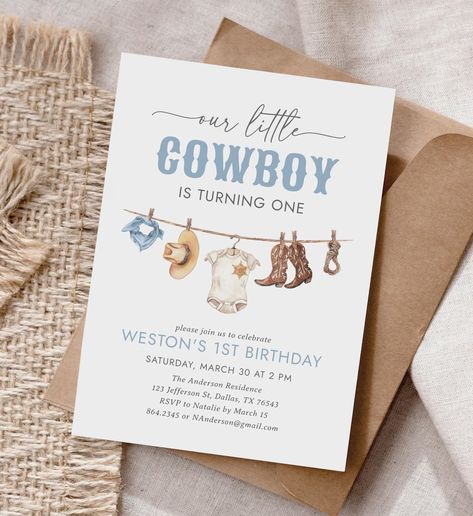 Cowboy 1st Birthday Invitation Template, Editable Western Birthday Invite, Our Little Cowboy Clothesline Birthday, DIGITAL DOWNLOAD - Etsy My 1st Rodeo Birthday Invitations, Cowboy Birthday Party Invitations, Cowboy First Birthday, Cowboy Invitations Birthday, 1st Rodeo, 1st Birthday Invitation Template, Cowboy Birthday Party, Western Birthday, Cowboy Theme