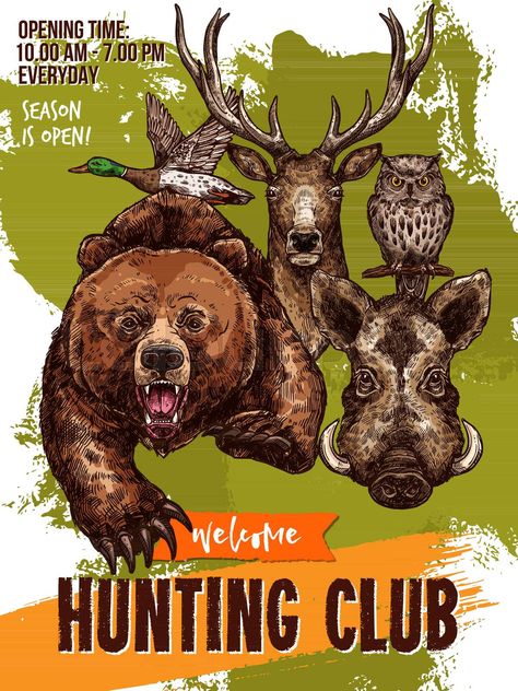 Vector sketch poster of hunting club wild animals Sketch Poster, Wild Animals Vector, Hunting Club, Open Season, Deer Hunter, Hunt Club, Deer Hunters, Vector Sketch, Animal Posters