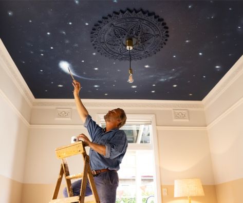 Painting On Ceiling, Paint Night Sky, Starry Ceiling, Sky Nursery, Sky Ceiling, Ceiling Paint, Night Sky Painting, Star Ceiling, Ceiling Murals