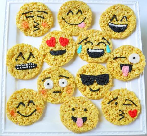 How to Make Emoji Rice Krispies Treats – Sue At Home Make Emoji, Emoji Cake, Emoji Birthday Party, Siskin, Krispies Treats, Emoji Party, Emoji Birthday, Rice Krispy, Creative Cake Decorating