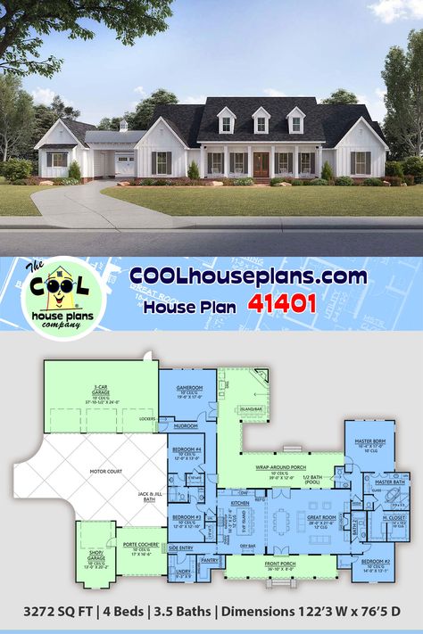 A 3272 sq ft Country home plan that offers 4-bedrooms. This farmhouse plan has a HUGE covered rear wrap porch/outdoor living area, four bathrooms, outdoor kitchen, outdoor fireplace, Island/bar, Jack and Jill bathroom, large master suite, covered front porch, porte cochere, motor court, 4 car garage parking, large game room and open floor plan. Build your new farmhouse with home plans from COOL House Plans, order today! 4 Bedroom House Plans Open Floor Jack And Jill, House Plans With Jack And Jill Bathroom Open Floor, Motor Court House Plans, Four Car Garage House Plans, House Plans With 4 Car Garage, House Plan With Porte Cochere, Floor Plans With Game Room, House Plans With Large Kitchen, House Plans With Game Room