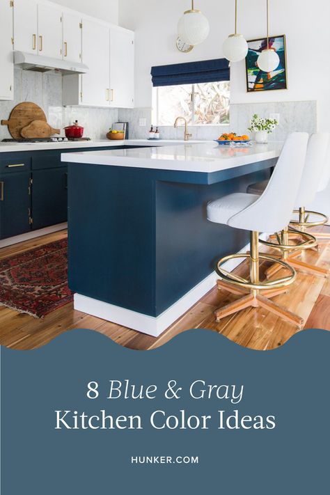 Grey Kitchen Colors, Grey Blue Kitchen, Kitchen Renovation Inspiration, Grey Backsplash, Bold Kitchen, Cabinet Detailing, Rustic Blue, Blue Cabinets, Kitchen Design Trends