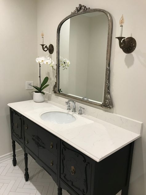 Furniture Turned Into Bathroom Vanity, Vanity Sink Ideas, Dresser Vanity Bathroom, Antique Bathroom Vanity, Custom Dresser, Antique Bathroom, Granite Vanity Tops, Custom Bathroom Vanity, Victorian Bathroom