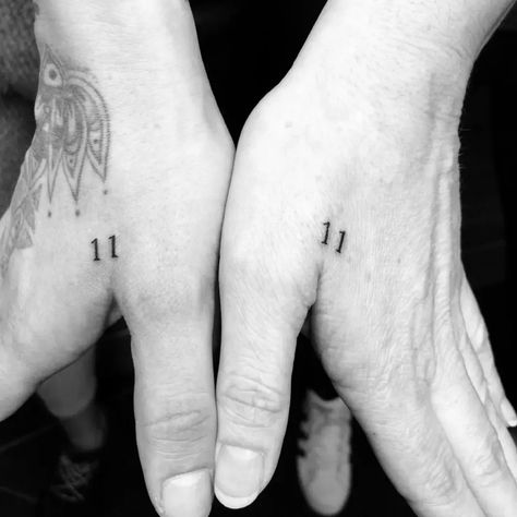 Fine line tattoo 11:11 Matching Tattoo, Angel Numbers, 11 11, Triangle Tattoo, Geometric Tattoo, Angel, Collage, Tattoos, Pins