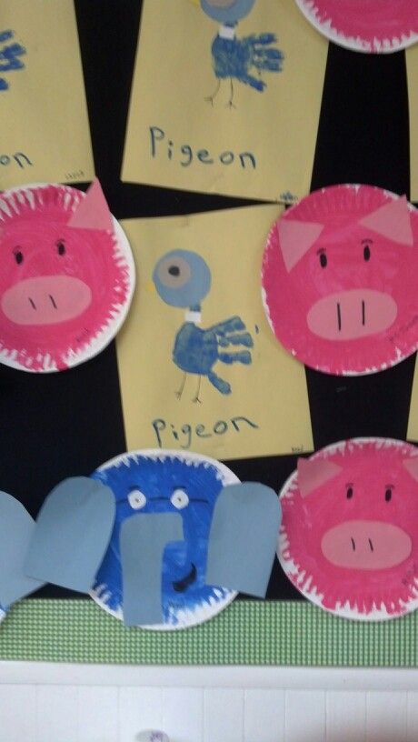 Piegeon, Elephant, & Piggie Crafts Mo Willems week in Toddler Room Piggy And Elephant Crafts, Gerald And Piggie Activities, Elephant And Piggie Activities Preschool, No Willems Craft, Mo Willems Author Study Preschool, Mo Willems Crafts Preschool, Elephant And Piggie Crafts Preschool, Piggie And Gerald Activities, Piggy And Gerald Crafts