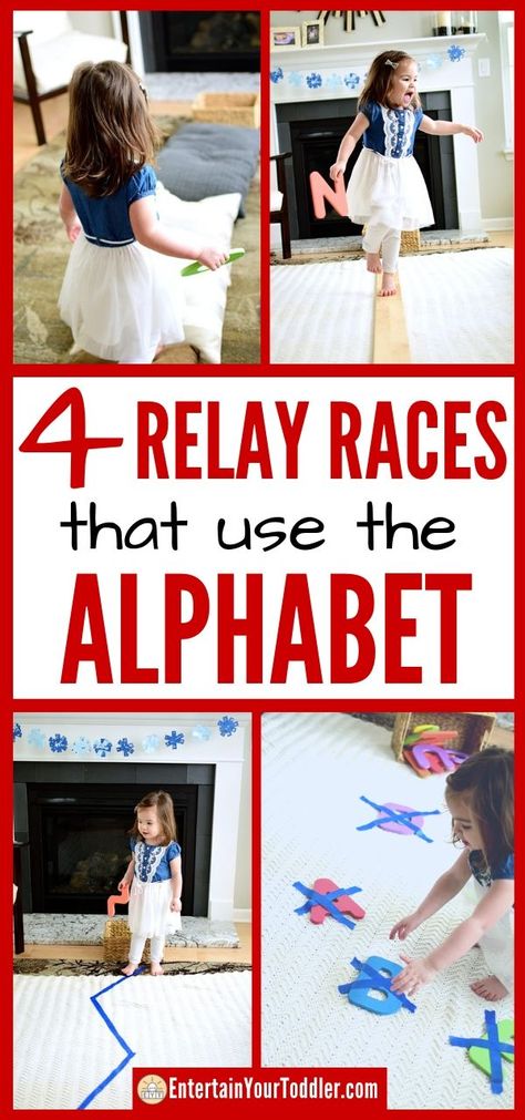 Does your toddler have energy to burn? I love these  4 indoor gross motor relay races because they burn energy while helping to teach the alphabet and letter recognition. Click to see them! #indooractivitiesforkids #rainydayactivities #EntertainYourToddleractivities #toddleractivities Teach The Alphabet, Infant Lesson Plans, Relay Races, Alphabet Games, Gross Motor Activities, Motor Skills Activities, Teaching The Alphabet, Children Learning, Indoor Activities For Kids