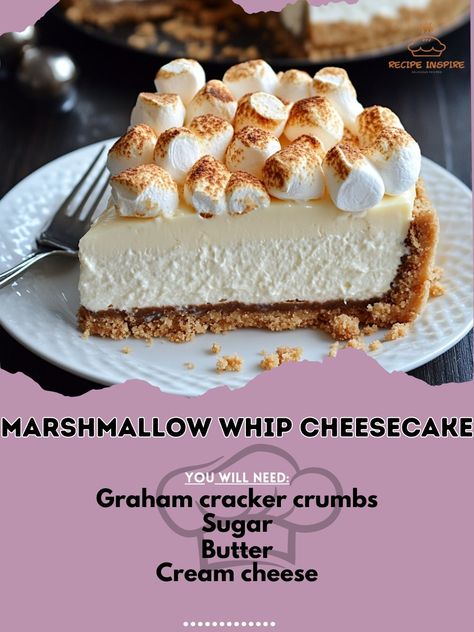 🍰 "Marshmallow Whip Cheesecake—a creamy, fluffy dessert with a delightful marshmallow twist. Perfect for a special occasion! 🍰✨ #Cheesecake #MarshmallowMagic" Marshmallow Whip Cheesecake Ingredients: Graham cracker crumbs (1 1/2 cups) Sugar (1/4 cup) Butter (1/4 cup, melted) Cream cheese (8 oz, softened) Marshmallow fluff (1 cup) Heavy cream (1 cup) Granulated sugar (1/4 cup) Vanilla extract (1 tsp) Instructions: Preheat oven to 325°F (165°C). Mix crumbs, sugar, and melted butter. Press i... 8oz Cream Cheese Recipes, Marshmallow Whip Cheesecake, Cheesecake Ingredients, Marshmallow Fluff, Christmas Brunch, Cream Cheese Recipes, 2024 Christmas, Graham Cracker Crumbs, Graham Cracker