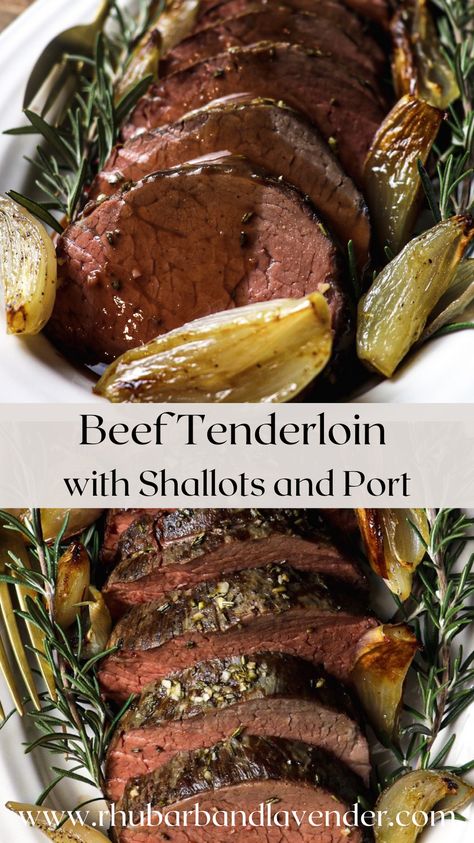 Make a slow roasted beef tenderloin for your next Christmas party. This beef tenderloin is incredibly tender and served with sweet roasted shallots and a rich port wine sauce. The perfect recipe to dazzle your guests at your next holiday gathering! Beef Tenderloin Crockpot, Stuffed Beef Tenderloin Recipes, Sabbat Recipes, Tenderloin Steak Recipes, Slow Roasted Beef Tenderloin, Slow Roasted Beef, Port Wine Sauce, Beef Tenderloin Roast Recipes, Roasted Beef Tenderloin