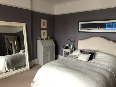 Farrow and Ball Brassica in bedroom | Mumsnet Brassica Farrow And Ball, Cold Feeling, Farrow Bal, Purple Paint Colors, Elephants Breath, Skimming Stone, Wooden Window Frames, Farrow And Ball Paint, White Linen Bedding