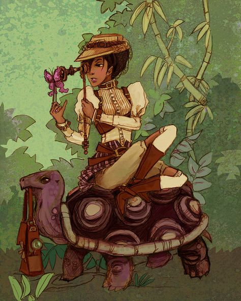 Natural Philosopher steampunk scientist/safari illustration mini print Steampunk Scientist, Safari Illustration, Steampunk Kunst, Steampunk Artwork, Giant Tortoise, Art Steampunk, Dinosaur Art, Steampunk Art, Fairytale Art