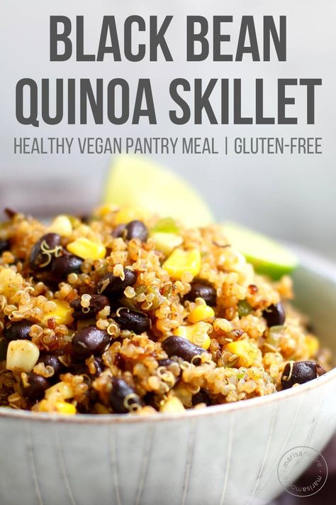 Make this vegan pantry meal using black beans, corn, quinoa and chili powder for a cheap easy dinner or lunch.  Use up any vegetables you have on hand - with plenty of protein it's the perfect recipe! Black Bean And Quinoa Recipes, Black Beans And Quinoa Recipe, Quinoa With Black Beans, Bean And Quinoa Recipes, Quinoa And Black Bean Recipes, Quinoa Beans Recipes, Black Quinoa Recipes, Quinoa Black Bean Recipes, Vegan Pantry Meals