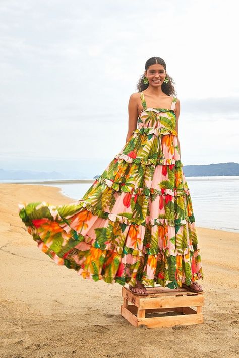 Farm Rio Dress, Tropical Print Dress, Looks Country, Embroidered Maxi Dress, Tropical Floral Print, Flowy Maxi Dress, Tiered Maxi Dress, Pink Maxi Dress, Ruffled Maxi Dress