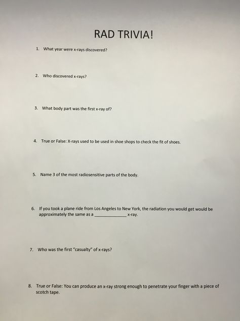 "Rad Trivia" for NRTW! Winners for day & night shifts get a door prize :) Radiology, rad tech week, national radiologic technology week Rad Tech Week Game Ideas, National Radiologic Technology Week, Xray Tech Week Games, Rad Week Ideas, Radiology Day Ideas, Radiology Tech Week Games, Radiology Week Ideas, Rad Tech Week Gift Ideas, Radiology Tech Week Ideas