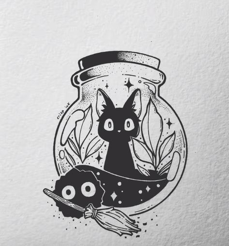 Witchy Cat Drawing, Kawaii Flash Tattoo, Studio Ghibli Flash Tattoo, Cat Flash Tattoo, Witchy Cat Tattoo, Ghibli Halloween, Mini Halloween Tattoos, Studio Ghibli Tattoo Ideas, Studio Ghibli Tattoo