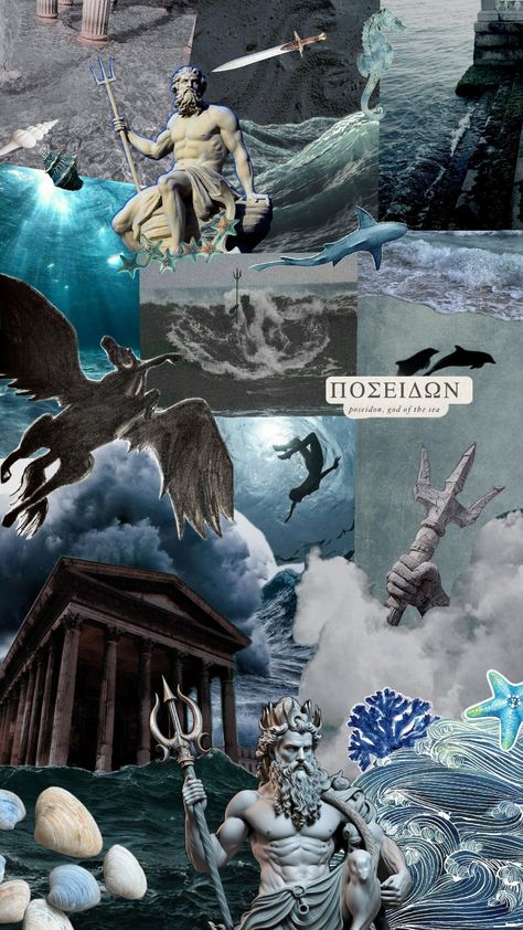 #poseidon #godofthesea #percyjackson #pjo #greekgod Greek Gods Background, Poseidon Aesthetic Wallpaper, Aesthetic Greek Gods Wallpaper, Poseidon Wallpaper, Poseidon Wallpaper Greek Mythology, Greek Mythology Poseidon, Greek Mythology Collage Wallpaper, Poseidon Aesthetic, Percy Jackson Wallpaper