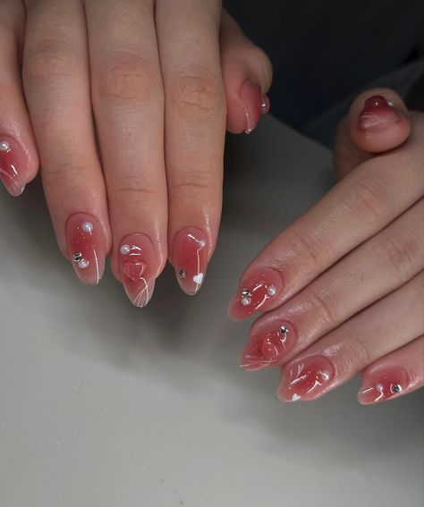 Nail Ideas Jelly Nails, Red Blush Nails, Summer Nails Jelly, Korean Almond Nails, Red Korean Nails, Nail Inspo Korean, Jelly Gel Nails, Korean Jelly Nails, Nail Art Jelly