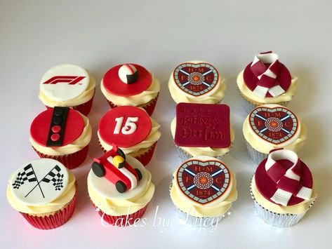 F1 and Hearts FC cupcakes F1 Cupcakes, Audi Cupcakes, Racing Birthday Cupcakes, Racetrack Cupcake Cake, Newcastle United Cupcakes, Cake