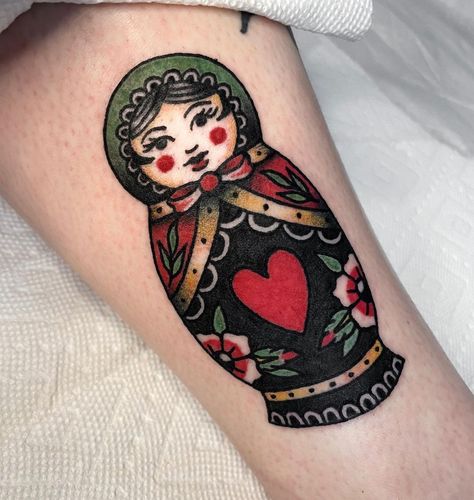 Traditional Matryoshka Doll Tattoo, Babushka Dolls Tattoo, Nesting Doll Tattoo Traditional, Russian Stacking Doll Tattoo, Russian Nesting Doll Tattoo Traditional, Russian Style Tattoo, Russian Nesting Doll Tattoo, Babushka Tattoo, Russian Tattoos