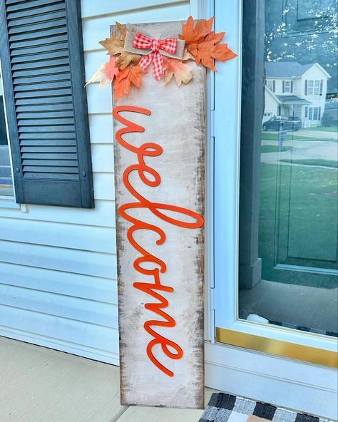 Our NEW Fall Leaning porch sign! check out our Etsy to order or Message us 🫶🏼 https://www.etsy.com/shop/JoyinChaosLLC Porch Sign, Porch Signs, Porch