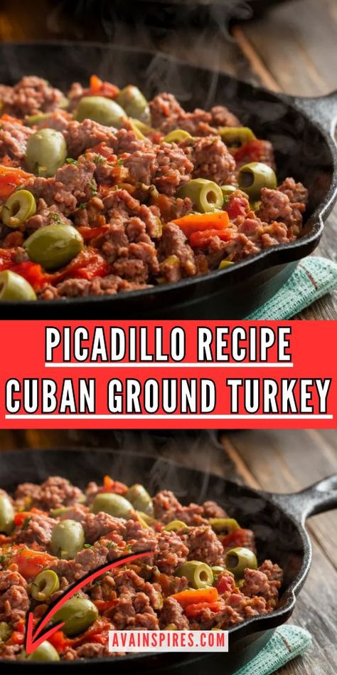 Picadillo Recipe Cuban Ground Turkey Picadillo Recipe Cuban Ground Turkey, Picadillo Recipe Cuban, Ground Turkey Picadillo, Turkey Picadillo Recipe, Quick Ground Turkey Recipes, Turkey Picadillo, Ground Turkey Dishes, Cuban Recipe, Beef Picadillo